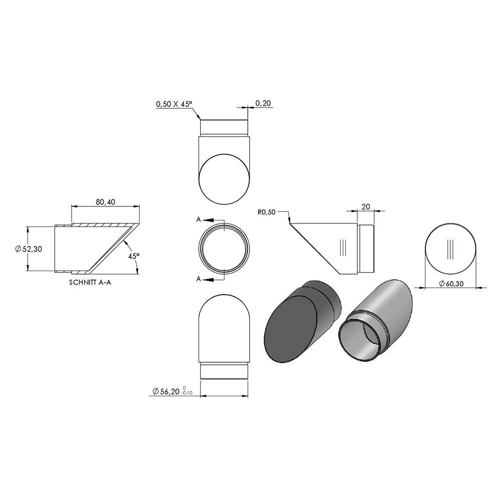 Endstück 45° abgeschrägt, zum Stecken und Kleben, für Rohr 60,3 x 2,0mm