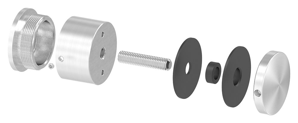 Glas-Punkthalter ø 52mm mit verstellbarem Wandabstand, für Glasstärken 12,0-25,52mm, mit Langloch zur Montage, mit AbP