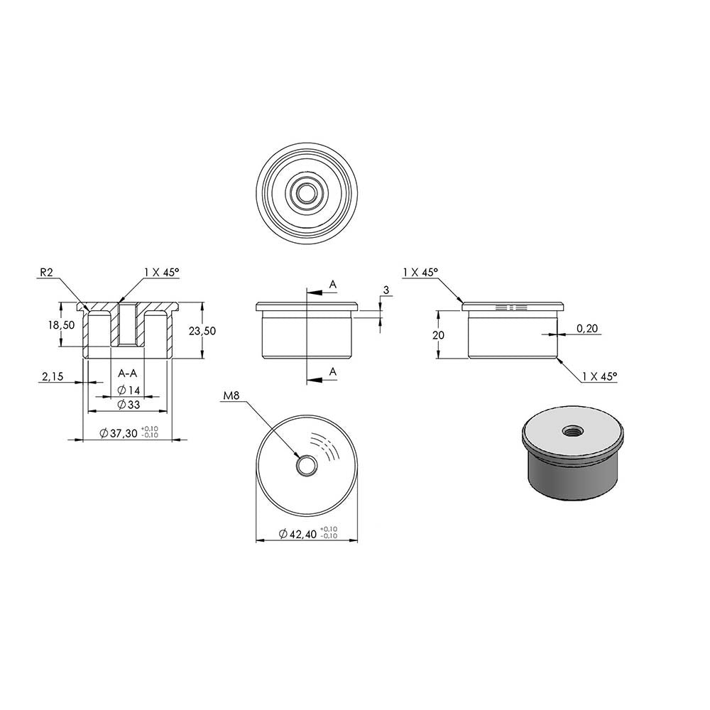 Endkappe flach mit M8 Innengewinde, hohl, für Rohr ø 42,4 x 2,5mm, zum Einkleben