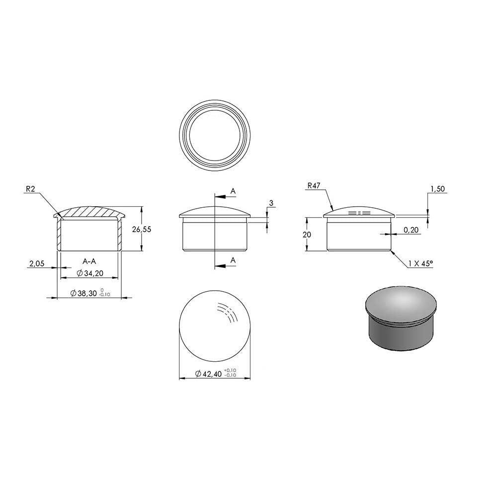 Endkappe leicht gewölbt, hohl, für Rohr ø 42,4 x 2,0mm, zum Einkleben