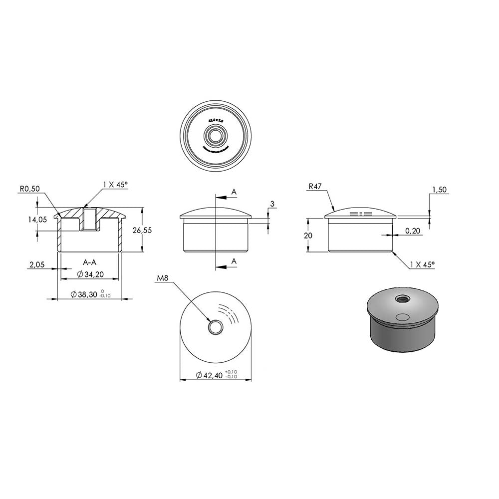 Endkappe leicht gewölbt mit M8 Innengewinde, hohl, für Rohr ø 42,4 x 2,0mm, zum Einkleben