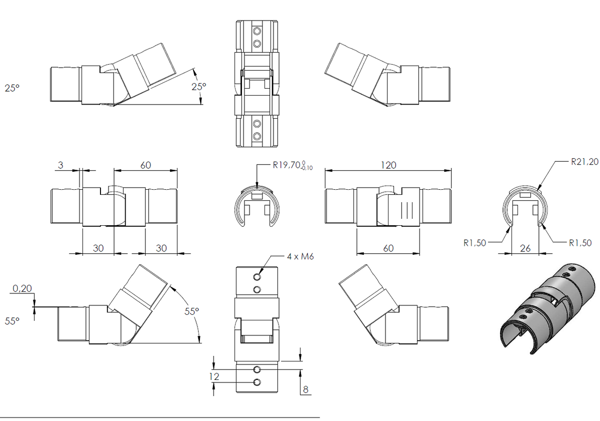 Rohrverbinder aufwärts, flexibel 25 - 55°, für Glasleistenrohr ø 42,4 x 1,5mm, V2A