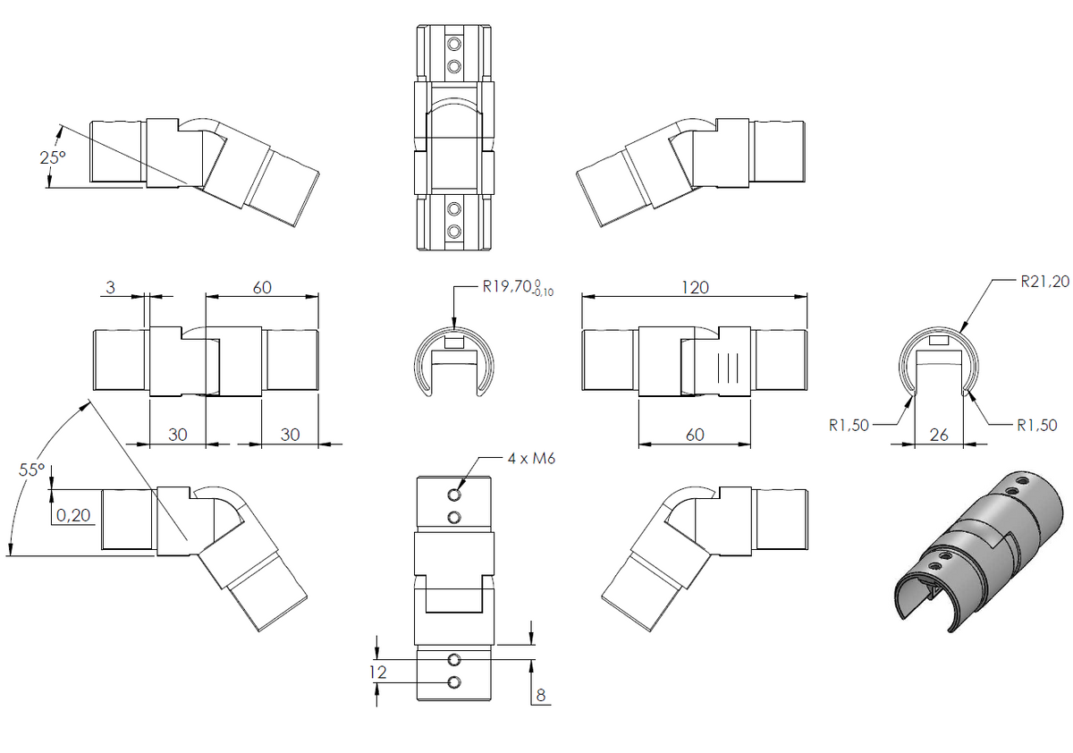 Rohrverbinder abwärts, flexibel 25 - 55°, für Glasleistenrohr ø 42,4 x 1,5mm, V2A