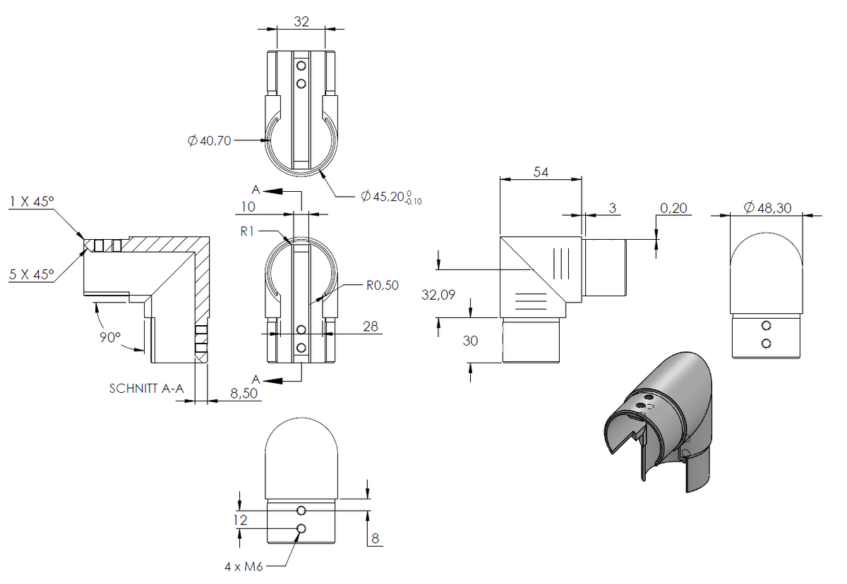 Rahmenecke 90 Grad für Glasleistenrohr 48,3 x 1,5mm, V4A