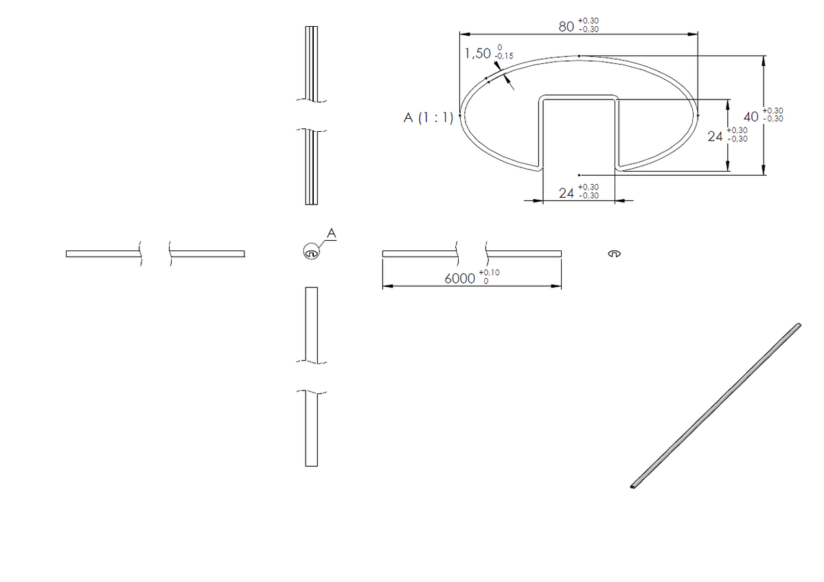 Glasleistenrohr, oval 80 x 40 x 1,5mm, LL=6m, V2A