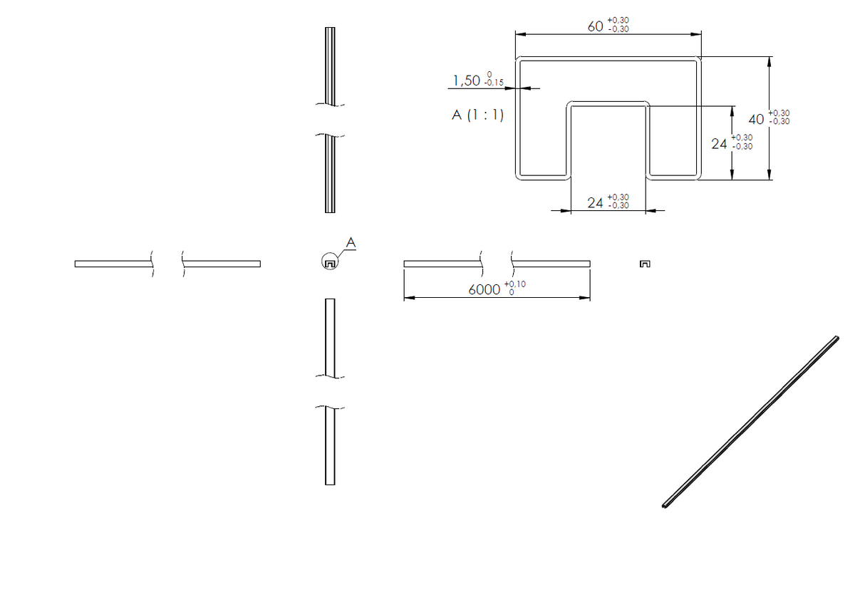 Glasleistenrohr, 60 x 40 x 1,5mm, LL=6m, V2A