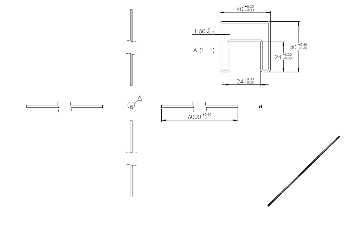 Glasleistenrohr, 40 x 40 x 1,5mm, LL=6m, V2A