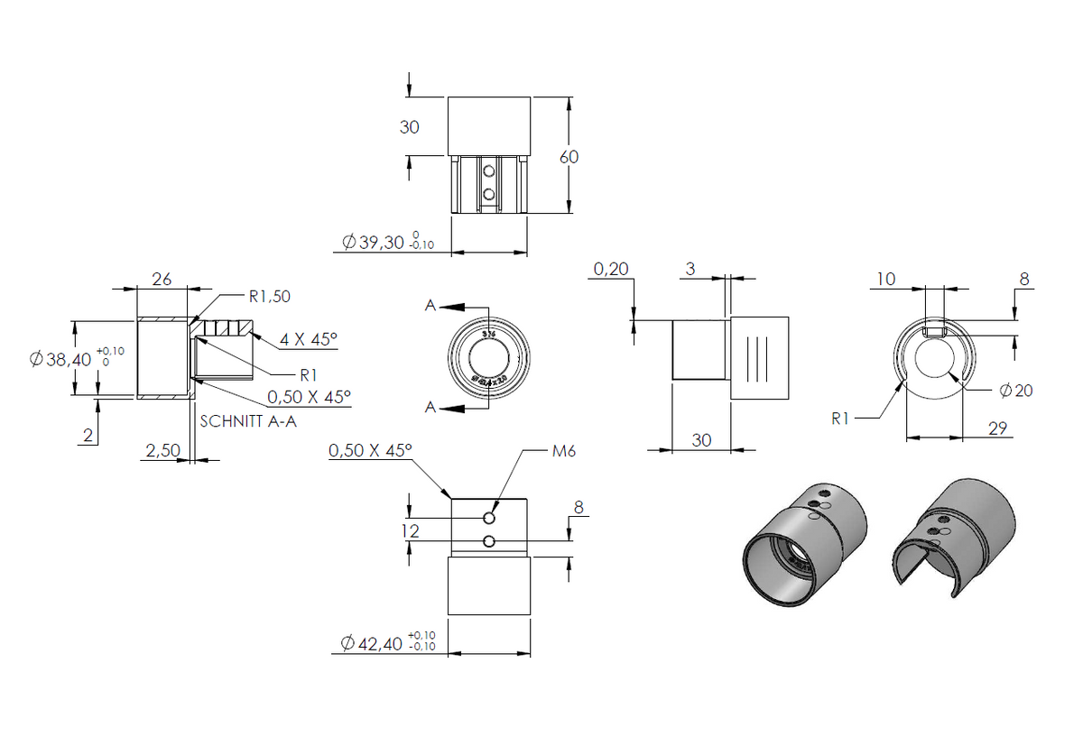 Nutrohr-Adapter, auf  Steckverbinder für Rohr ø 42,4 x 2,0mm, für Glasleistenrohr ø 42,4 x 1,5mm, V4A