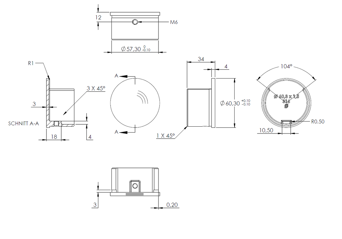 Flache Endkappe für Glasleistenrohr ø 60,3 x 1,5mm, V4A
