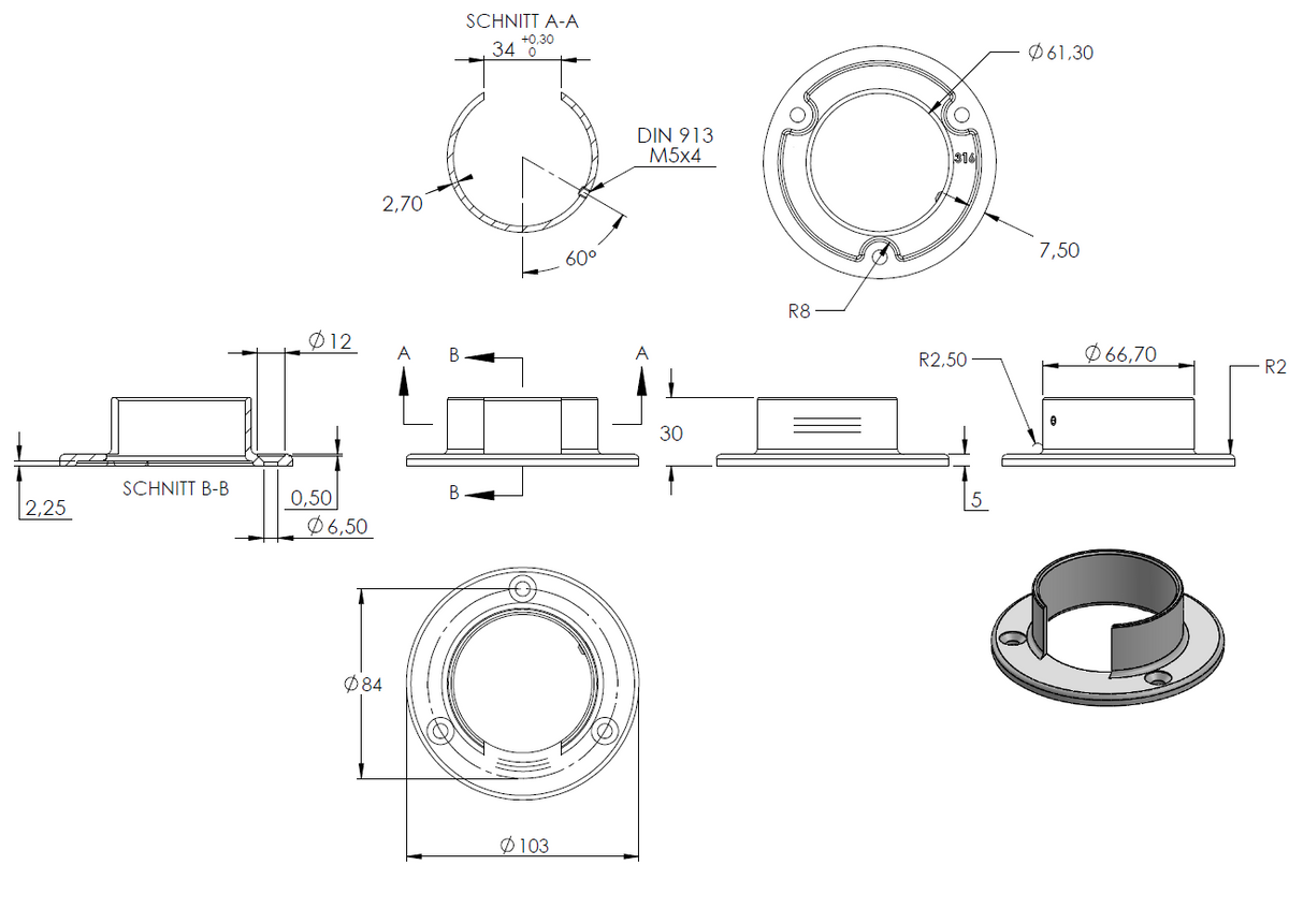 Wandhalter für Glasleistenrohr ø 60,3 x 1,5mm, V4A