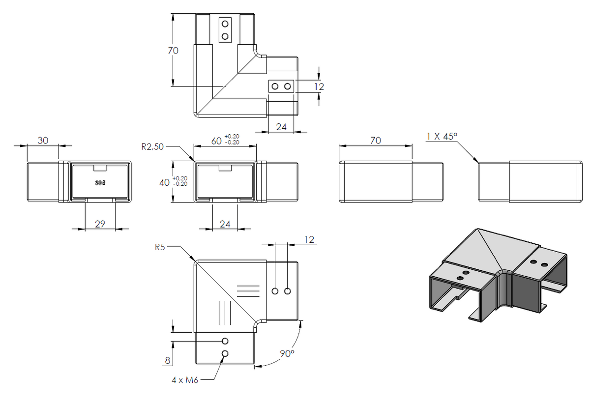 Verlaufsecke 90° für Glasleistenrohr 60 x 40 x 1,5mm, V2A