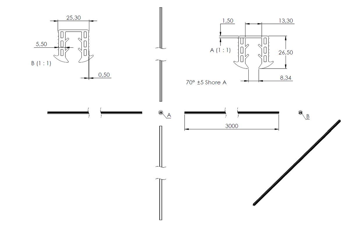 Gummiprofil 3m für Nut 24 x 24mm für Glasstärke 8,00 - 10,76mm