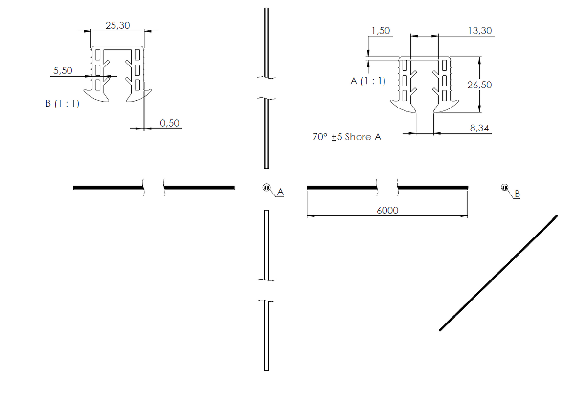 Gummiprofil 6m für Nut 24 x 24mm für Glasstärke 8,00 - 10,76mm