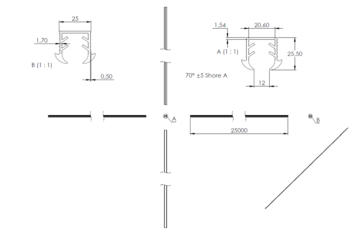 Gummiprofil 25m für Nut 24 x 24mm für Glasstärke 11,52 - 13,52mm