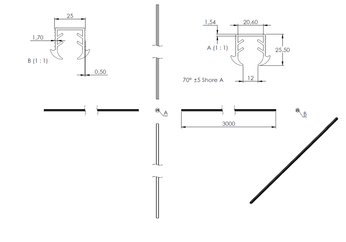 Gummiprofil 3m für Nut 24 x 24mm für Glasstärke 11,52 - 13,52mm