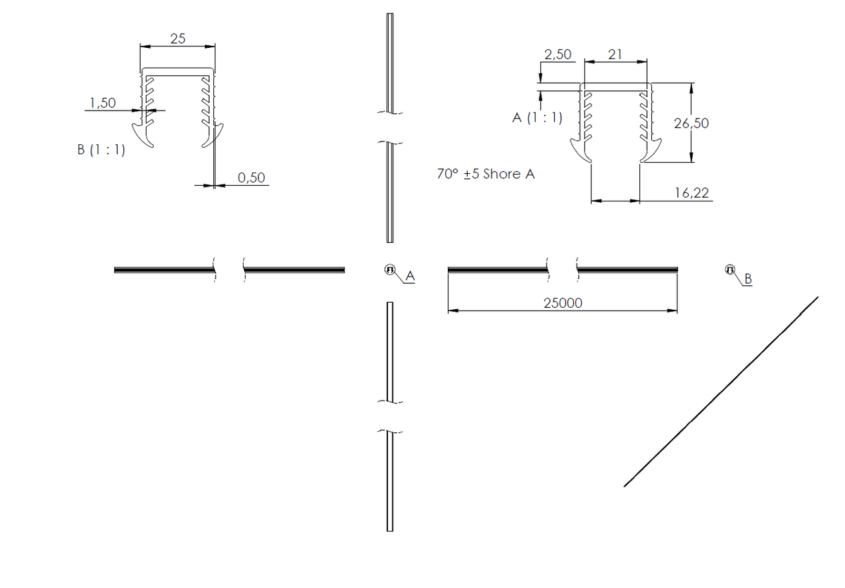 Gummiprofil 25m für Nut 24 x 24mm für Glasstärke 16,76 - 17,52mm