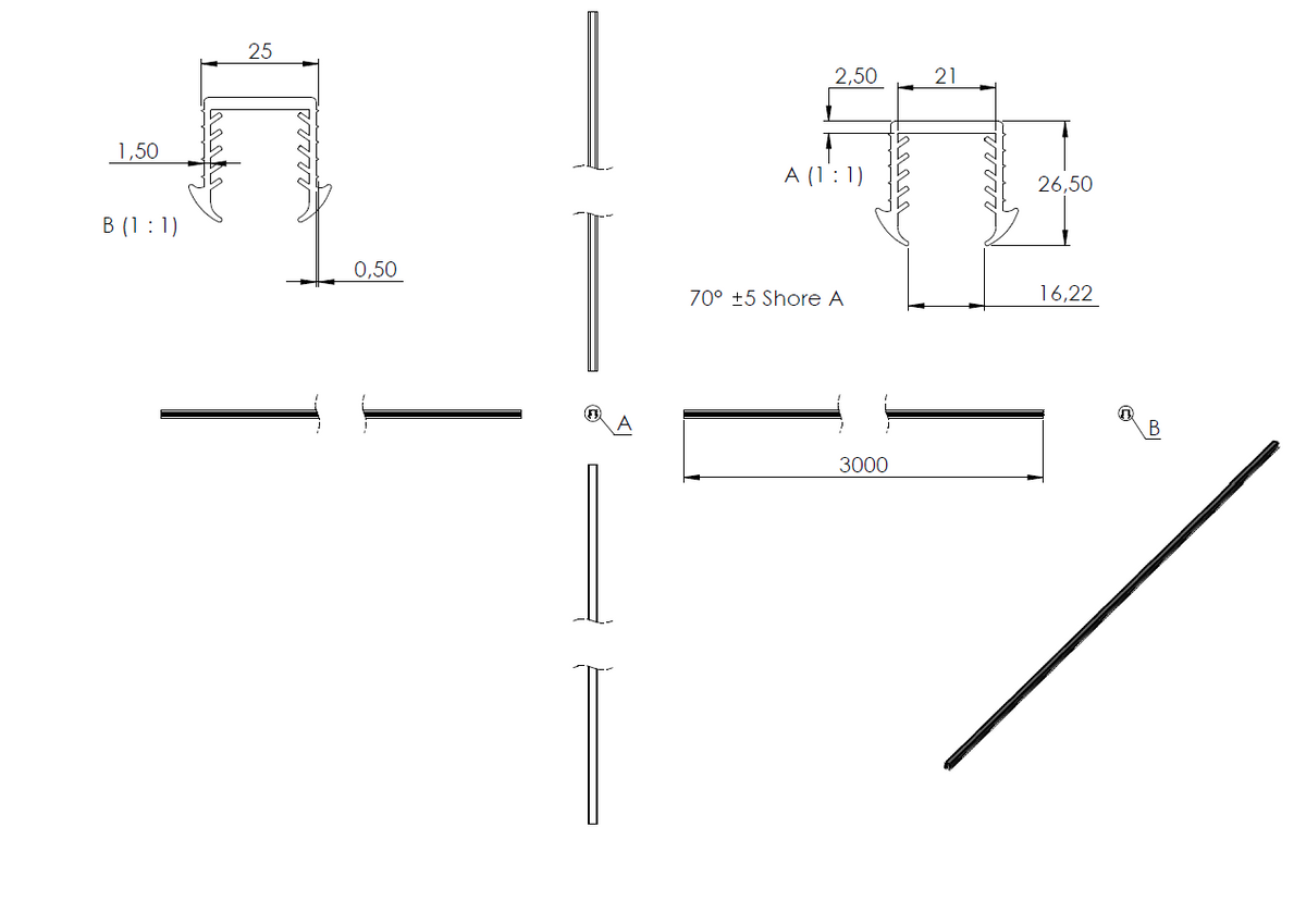 Gummiprofil 3m für Nut 24 x 24mm für Glasstärke 16,76 - 17,52mm