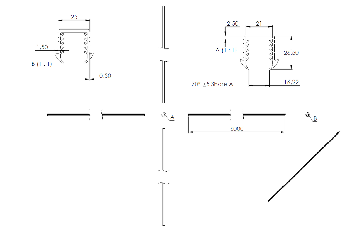 Gummiprofil 6m für Nut 24 x 24mm für Glasstärke 16,76 - 17,52mm