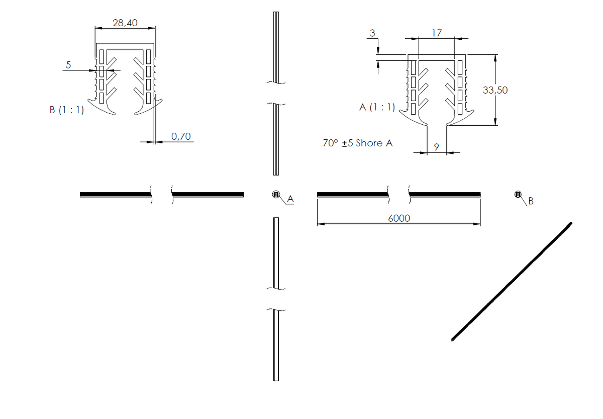 Gummiprofil 6m für Nut 27 x 30mm für Glasstärke 10,00 - 13,52mm
