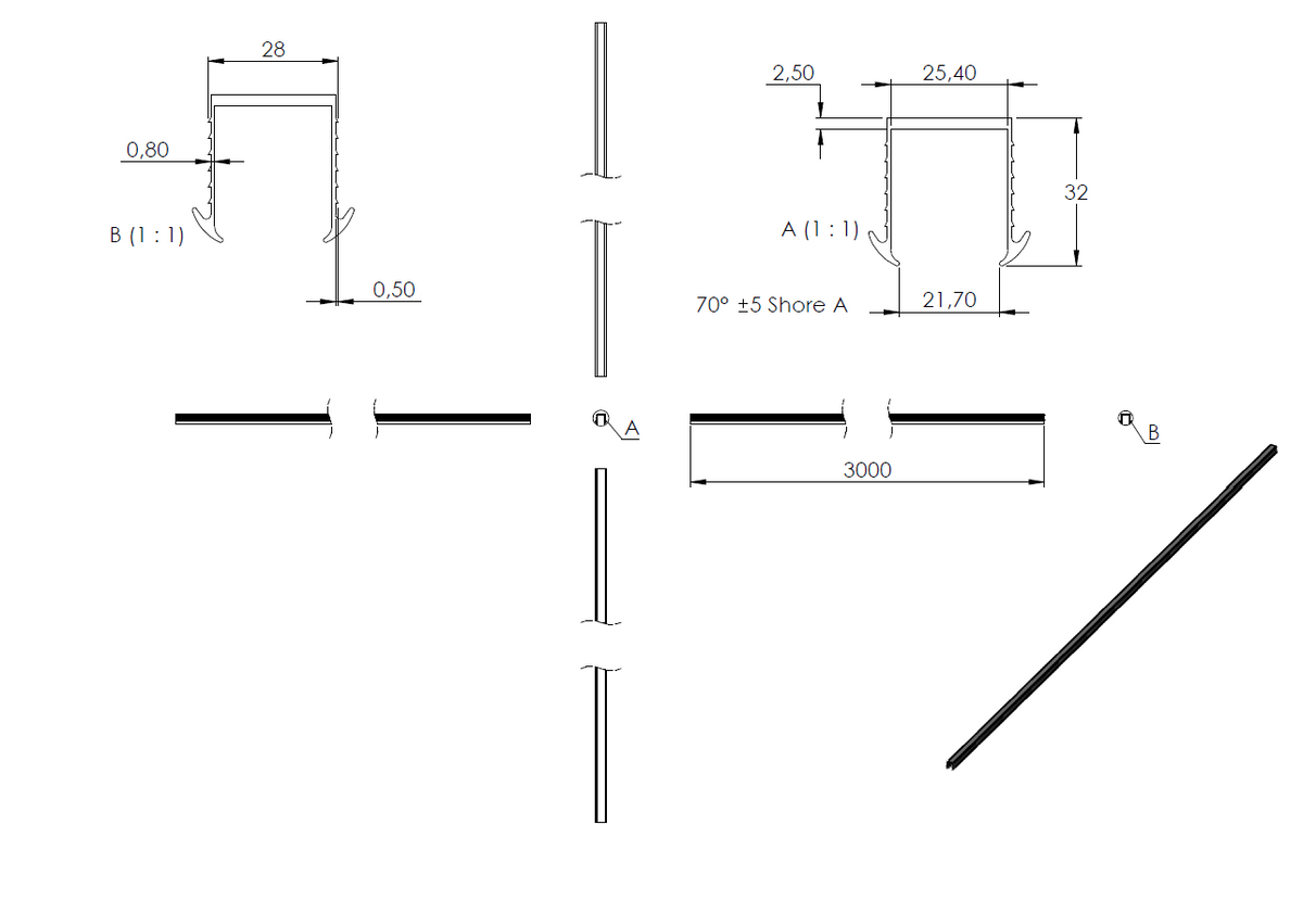 Gummiprofil 3m für Nut 27 x 30mm für Glasstärke 24,76 - 25,52mm