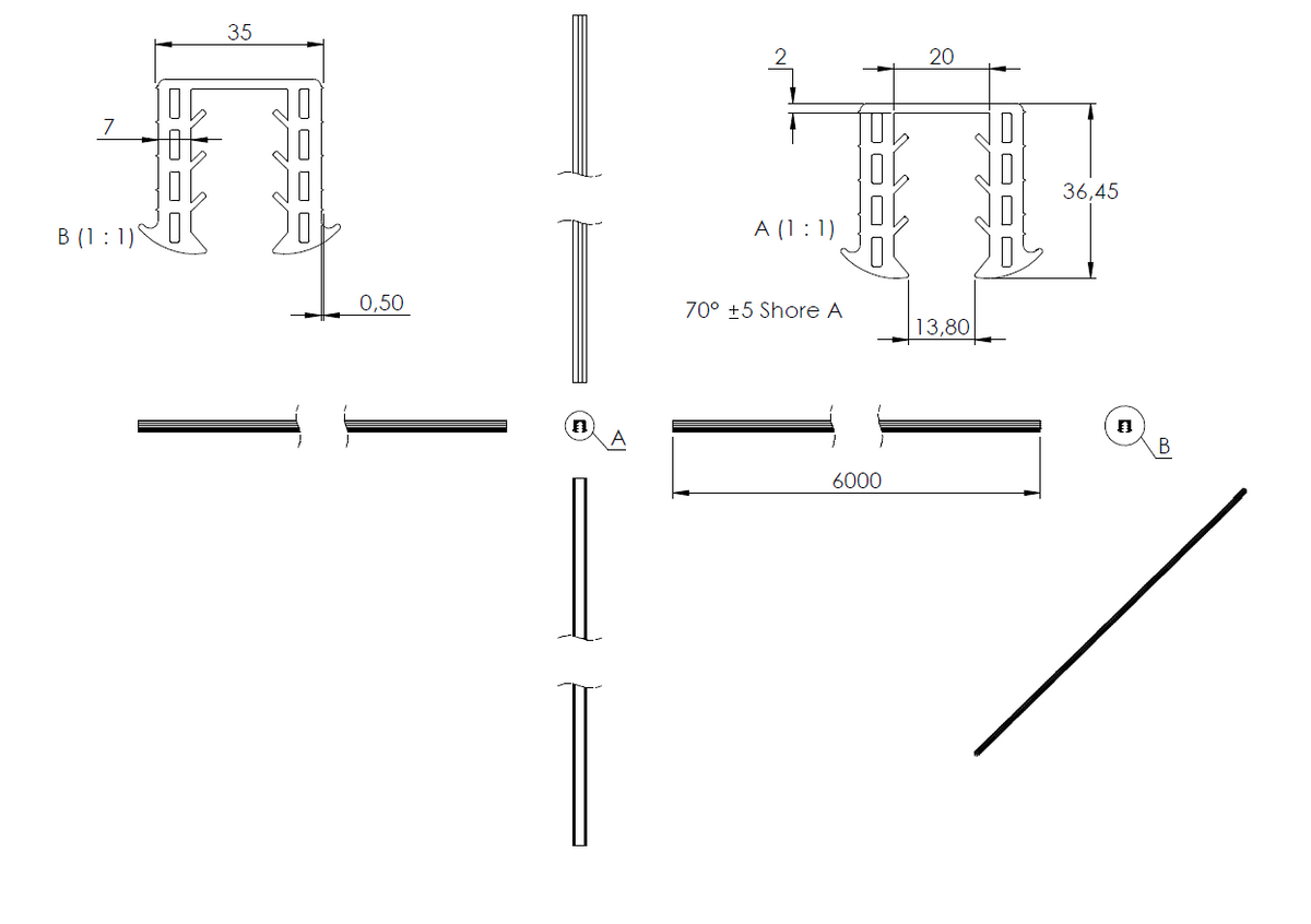Gummiprofil 6m für Nut 34 x 34mm für Glasstärke 16,76 - 17,52mm