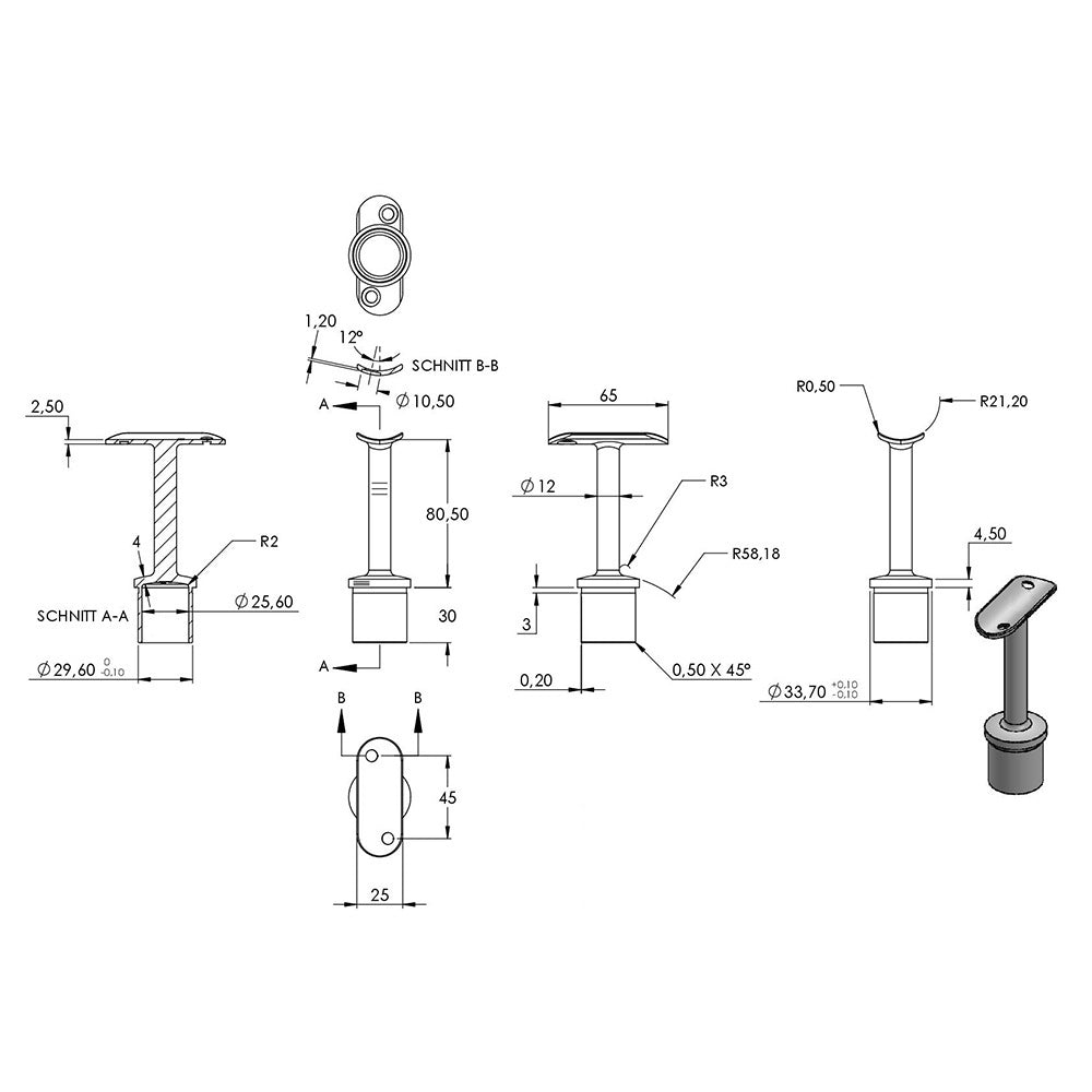 Handlaufstütze aus einem Teil für ø 33,7 x 2,0mm Pfosten, mit Halteplatte für Handlauf ø 42,4mm