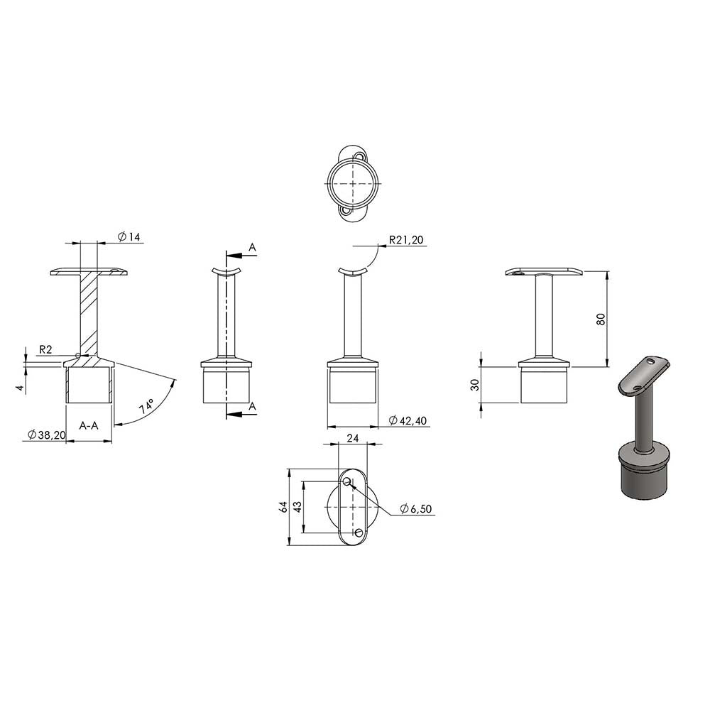 Handlaufstütze aus einem Teil für ø 42,4 x 2,0mm Pfosten, mit Halteplatte für Handlauf ø 42,4mm