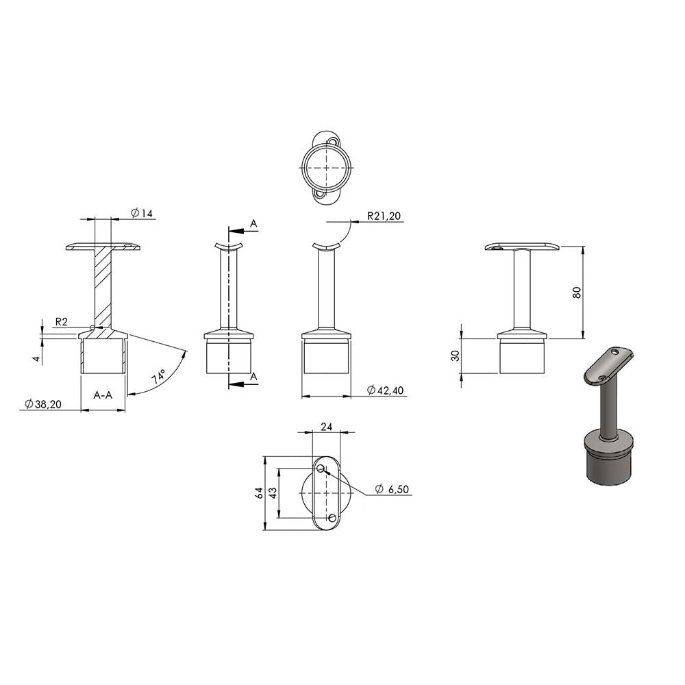 Handlaufstütze aus einem Teil für ø 42,4 x 2,0mm Pfosten, mit Halteplatte für Handlauf ø 42,4mm, in V4A