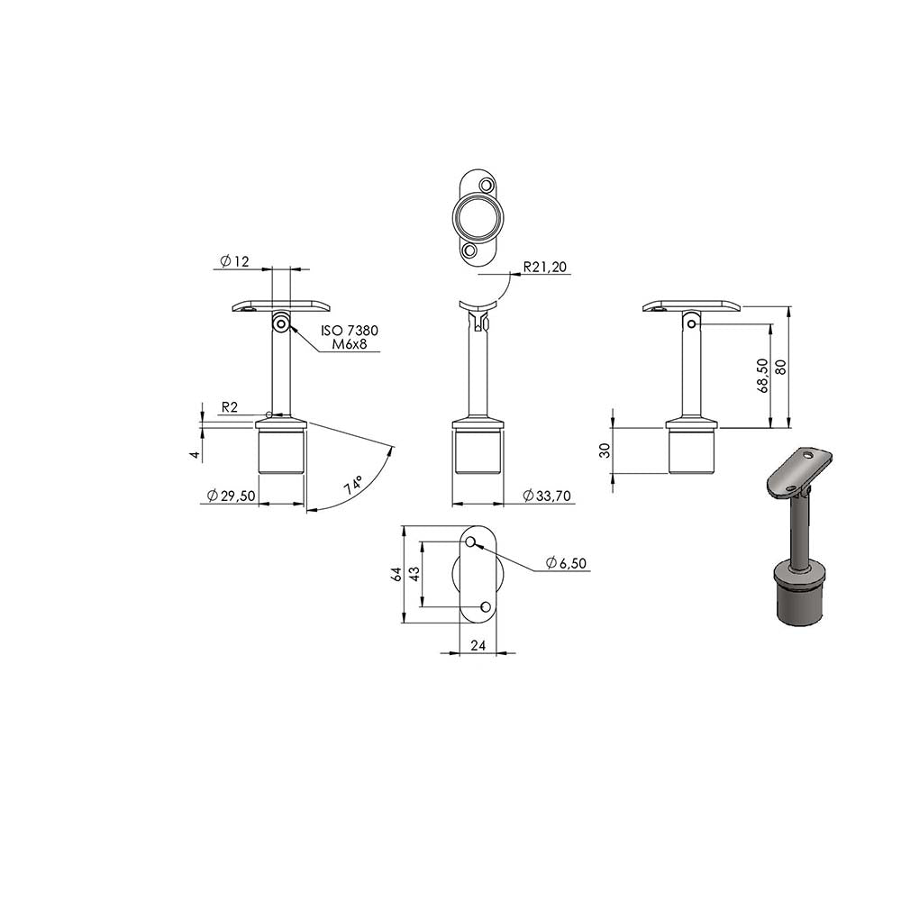 Handlaufstütze aus einem Teil, mit Gelenk, für ø 33,7 x 2,0mm Pfosten, mit Halteplatte für Handlauf ø 42,4mm
