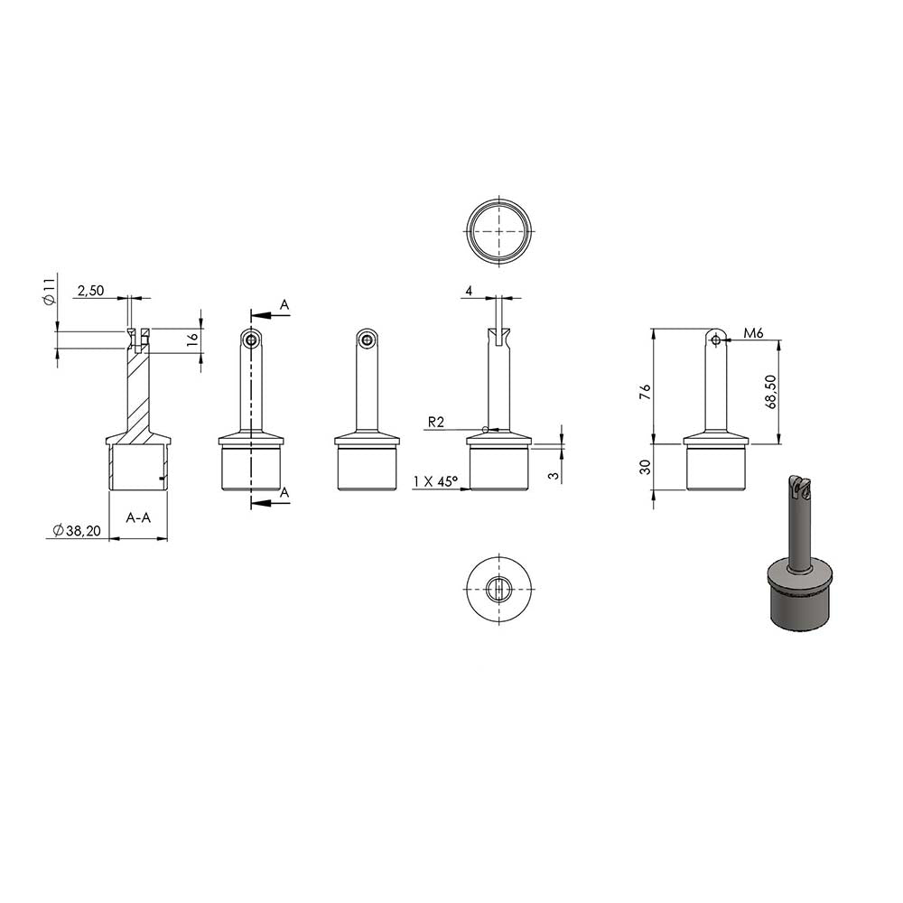 Handlaufstütze aus einem Teil, mit Gelenk, für ø 42,4 x 2,0mm Pfosten, mit Halteplatte für Handlauf ø 42,4mm