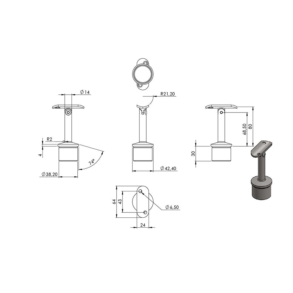 Handlaufstütze aus einem Teil, mit Gelenk, für ø 42,4 x 2,0mm Pfosten, mit Halteplatte für Handlauf ø 42,4mm, in V4A