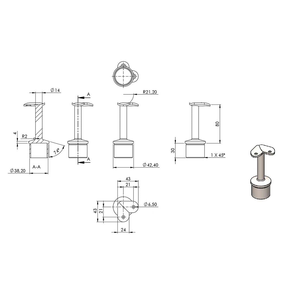 90° Handlaufstütze aus einem Teil für ø 42,4 x 2,0mm Pfosten, mit Halteplatte für Handlauf ø 42,4mm