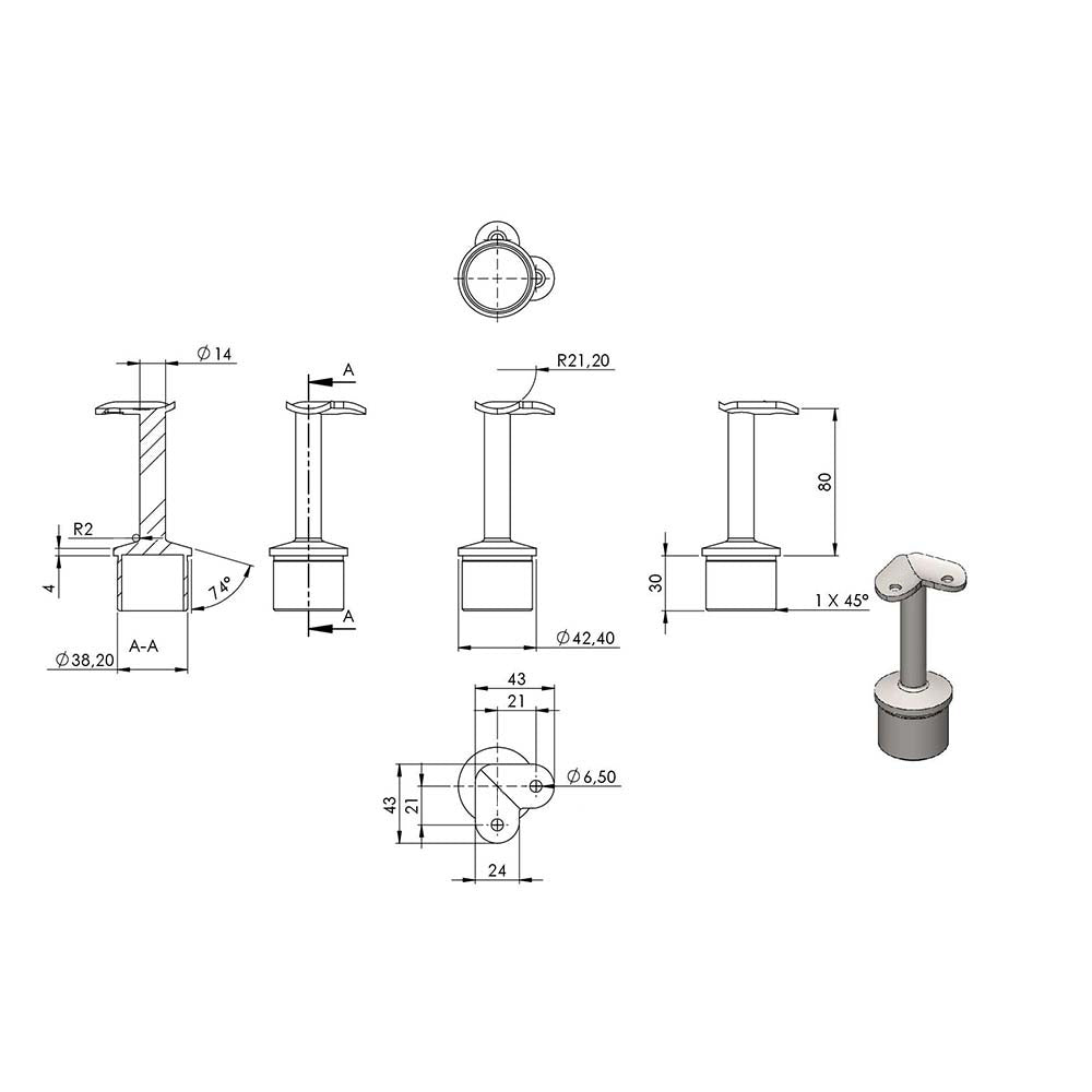 90° Handlaufstütze aus einem Teil für ø 42,4 x 2,0mm Pfosten, mit Halteplatte für Handlauf ø 42,4mm, aus V4A