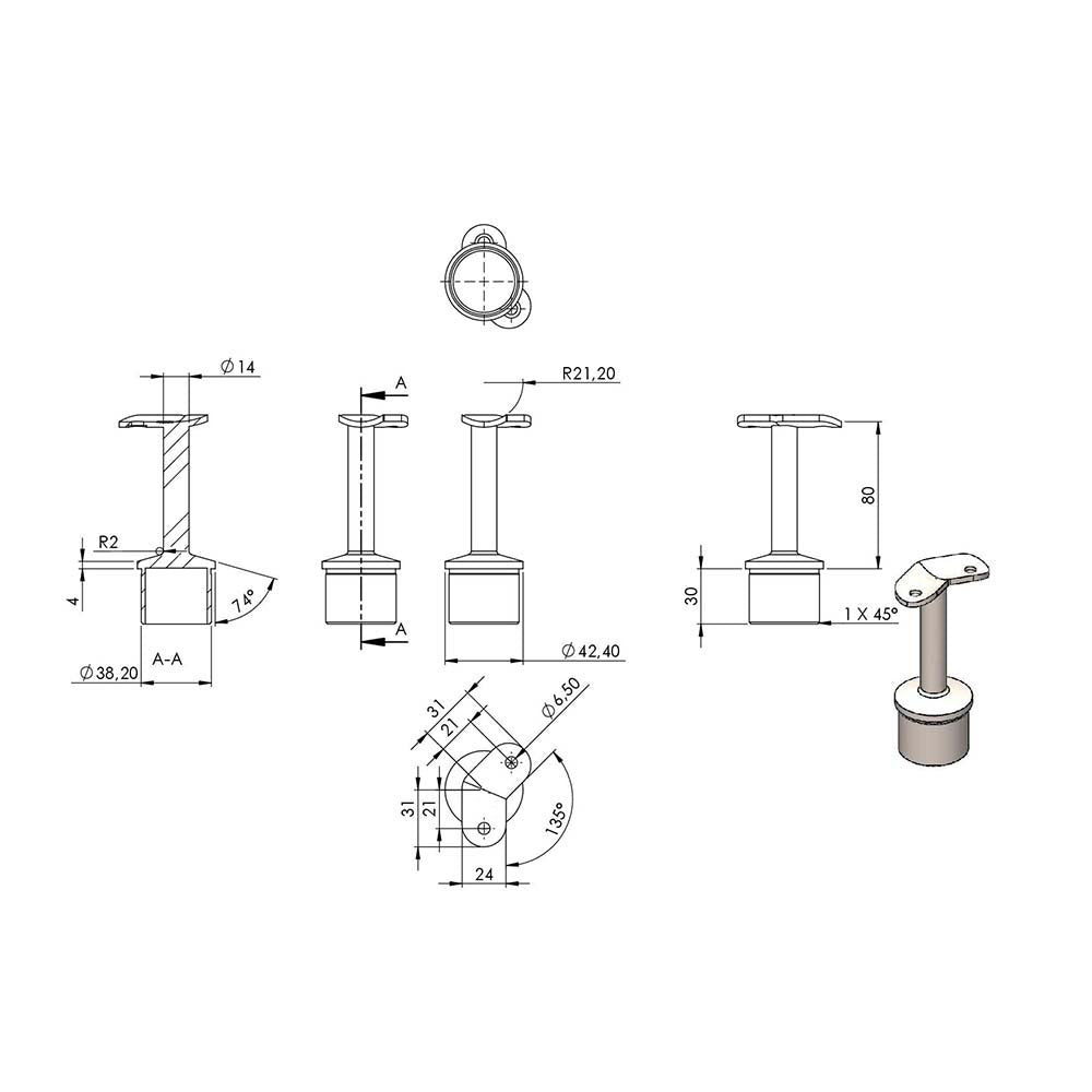135° Handlaufstütze aus einem Teil für ø 42,4 x 2,0mm Pfosten, mit Halteplatte für Handlauf ø 42,4mm