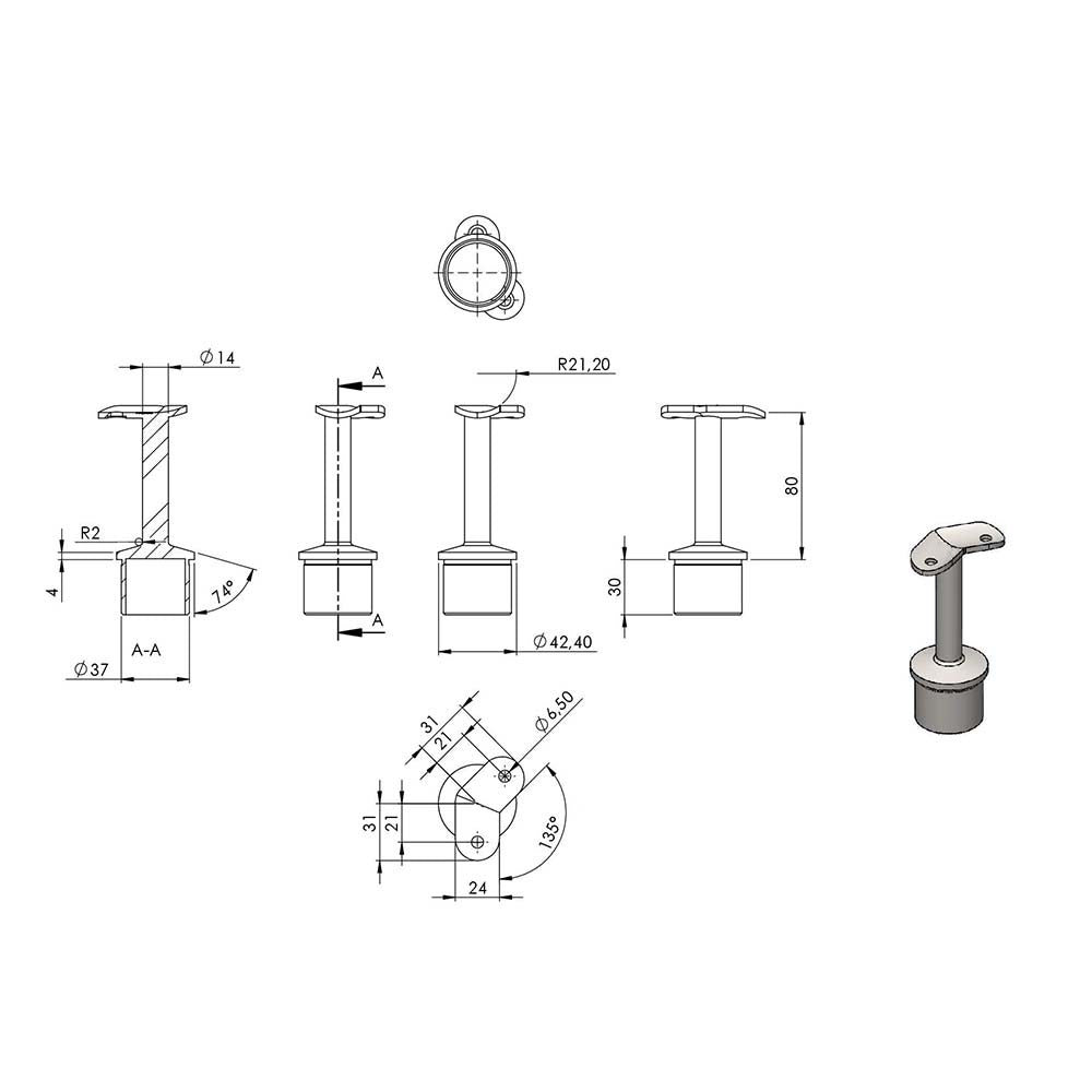 135° Handlaufstütze aus einem Teil für ø 42,4 x 2,5mm Pfosten, mit Halteplatte für Handlauf ø 42,4mm, in V4A