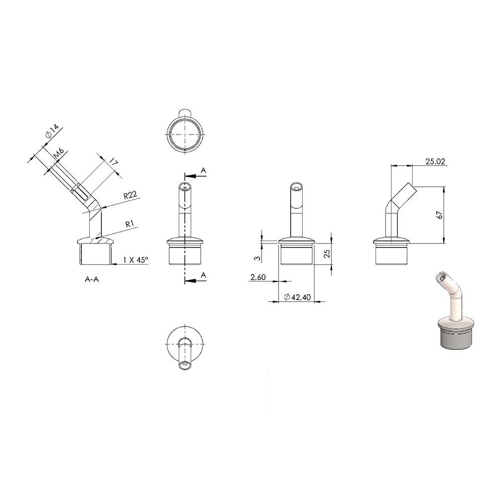 Handlaufstütze aus einem Teil, 135° gebogen, für ø 42,4 x 2,5mm Pfosten, mit M6 Innengewinde