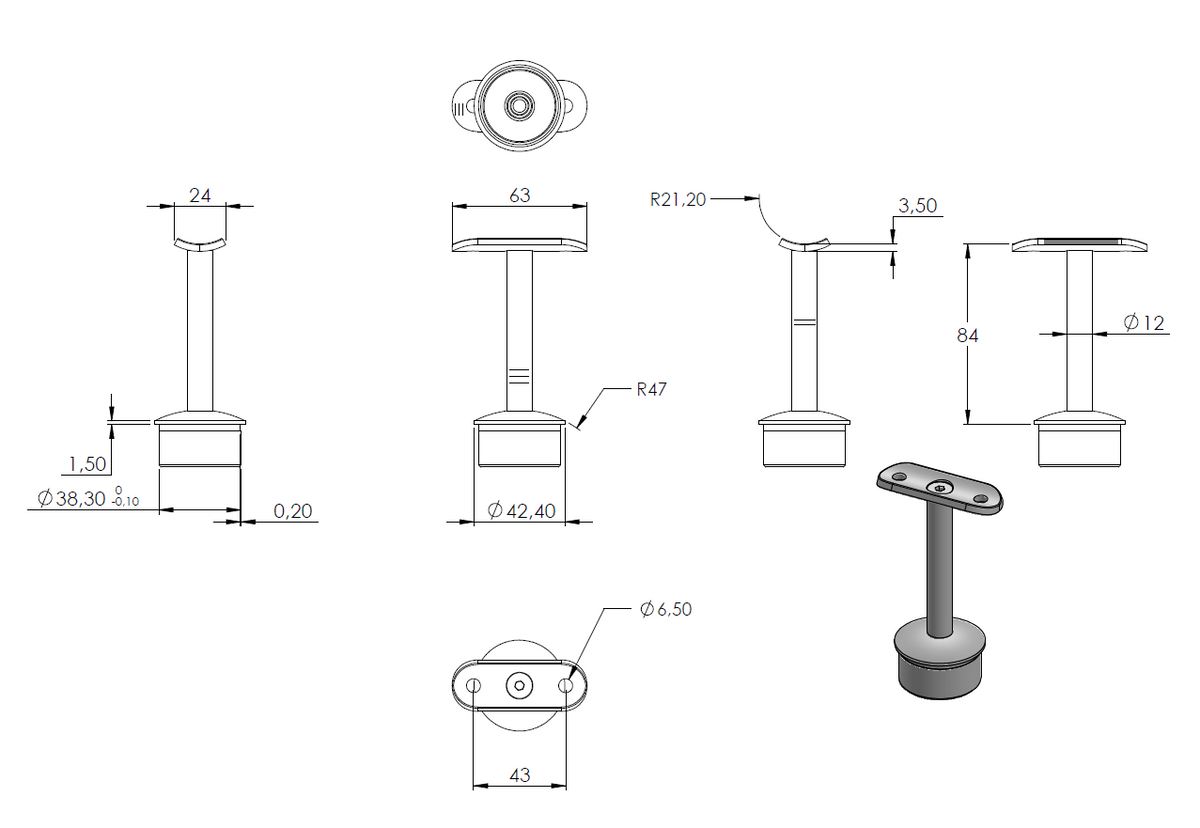 Handlaufstütze ø 12mm, verschraubt zur Pfostenbefestigung, für ø 42,4 x 2,0mm Pfosten an Rohr ø 42,4mm