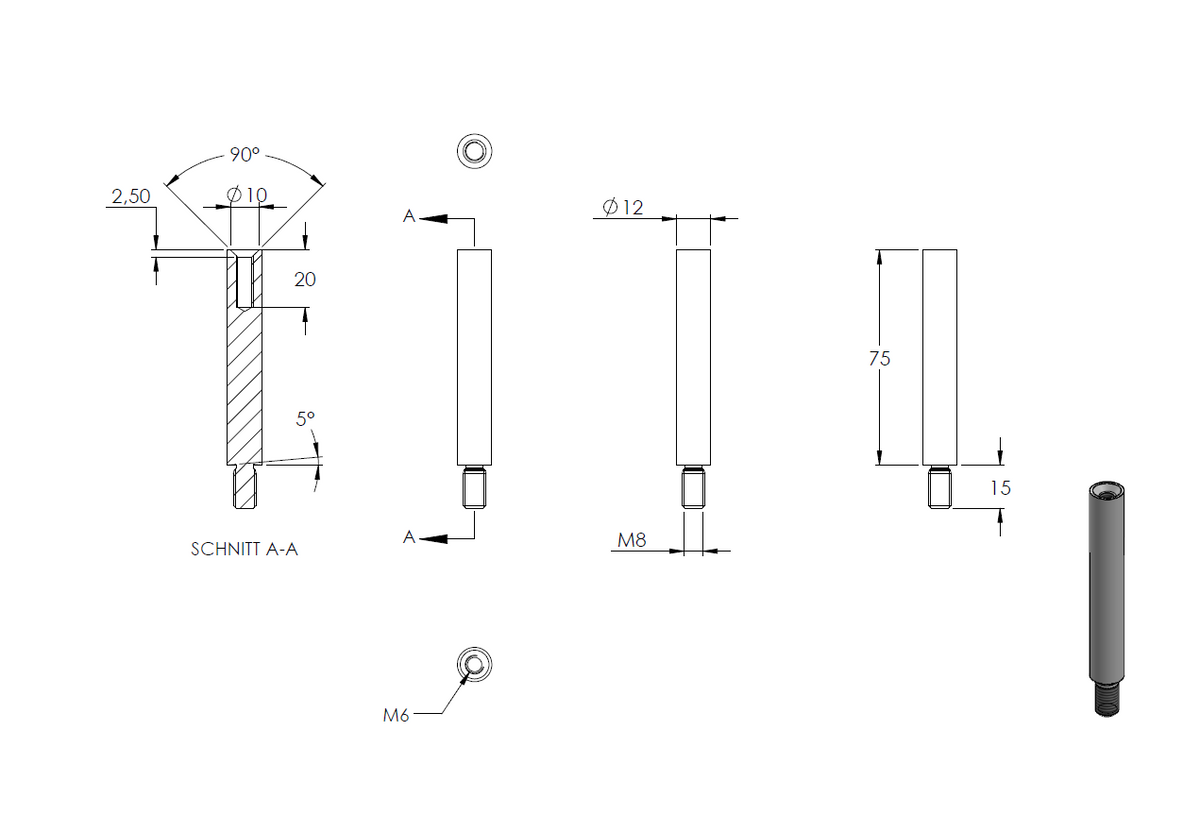 Handlaufstütze ø 12mm, verschraubt zur Pfostenbefestigung, für ø 42,4 x 2,0mm Pfosten an Rohr ø 42,4mm