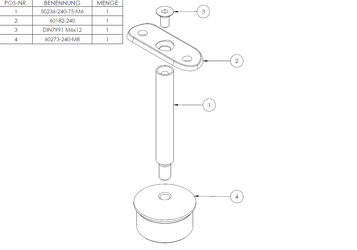 Handlaufstütze ø 12mm, verschraubt zur Pfostenbefestigung, für ø 42,4 x 2,0mm Pfosten an Rohr ø 42,4mm