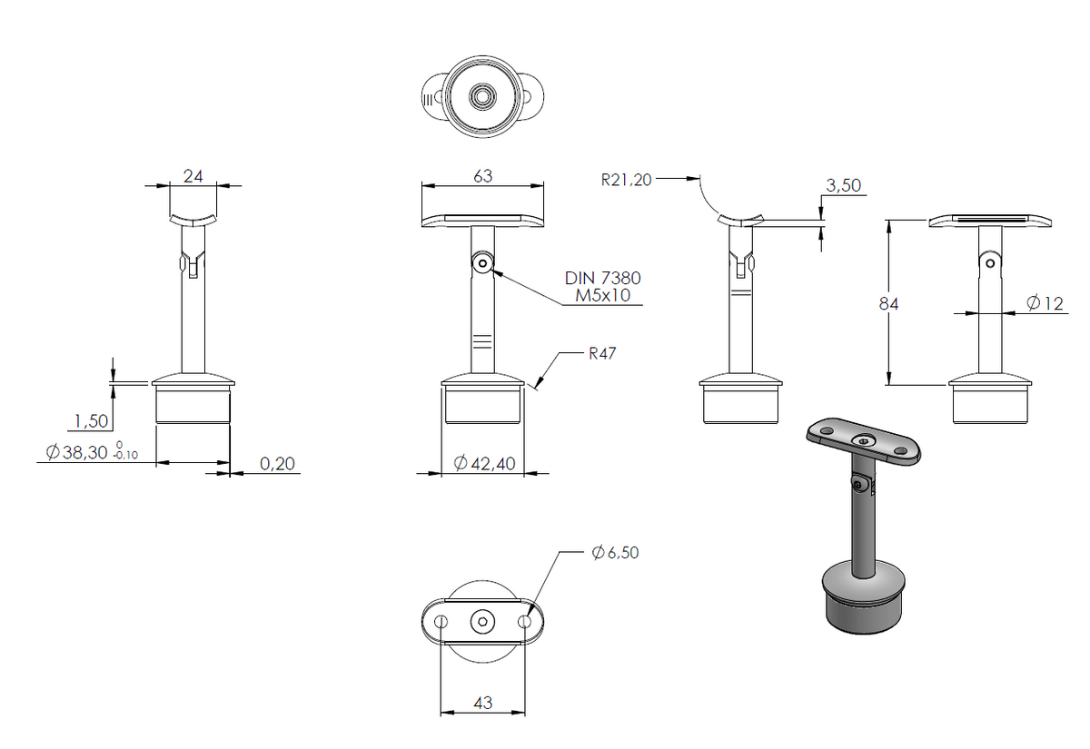 Handlaufstütze ø12mm, verschraubt variabel zur Pfostenbefestigung, für ø 42,4 x 2,0mm Pfosten an Rohr ø 42,4mm