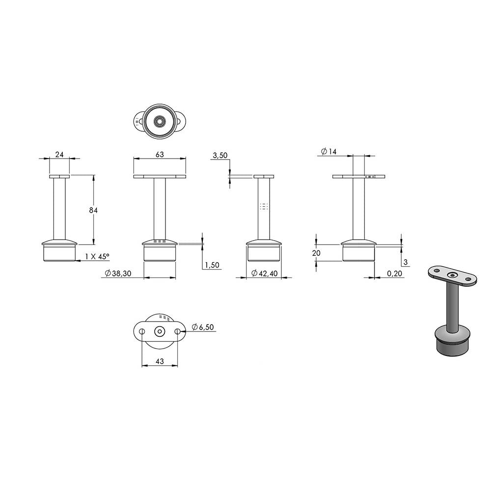 Handlaufstütze ø 14mm, verschraubt zur Pfostenbefestigung, für ø 42,4 x 2,0mm Pfosten an Vierkant-Rohr