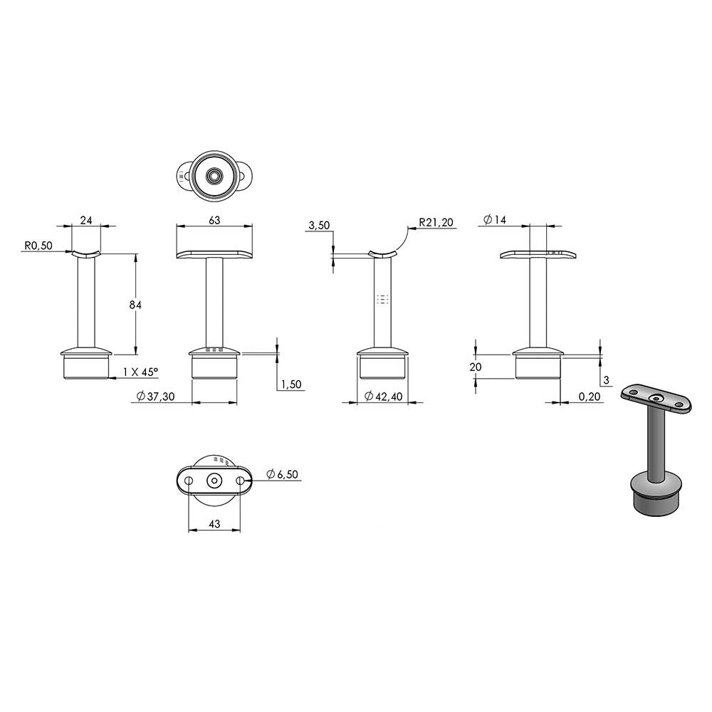 Handlaufstütze ø 14mm, verschraubt zur Pfostenbefestigung, für ø 42,4 x 2,5mm Pfosten an Rohr ø 42,4mm