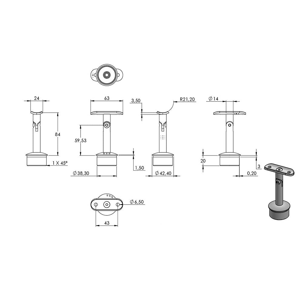 Handlaufstütze ø14mm, verschraubt variabel zur Pfostenbefestigung, für ø 42,4 x 2,0mm Pfosten an Rohr ø 42,4mm