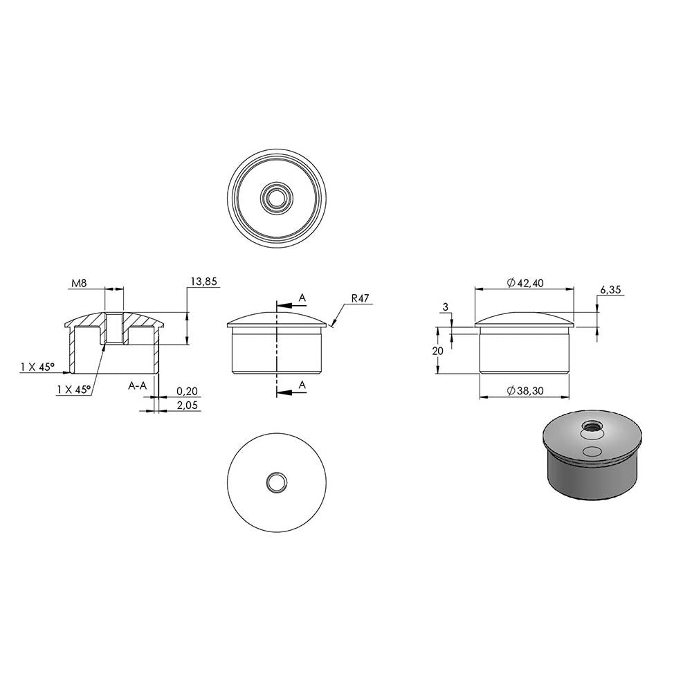 Handlaufstütze ø14mm, verschraubt variabel zur Pfostenbefestigung, für ø 42,4 x 2,0mm Pfosten an Rohr ø 42,4mm