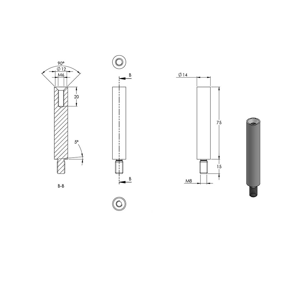Handlaufstütze ø 14mm, verschraubt 90° zur Pfostenbefestigung, für ø 42,4 x 2,0mm Pfosten an Rohr ø 42,4mm