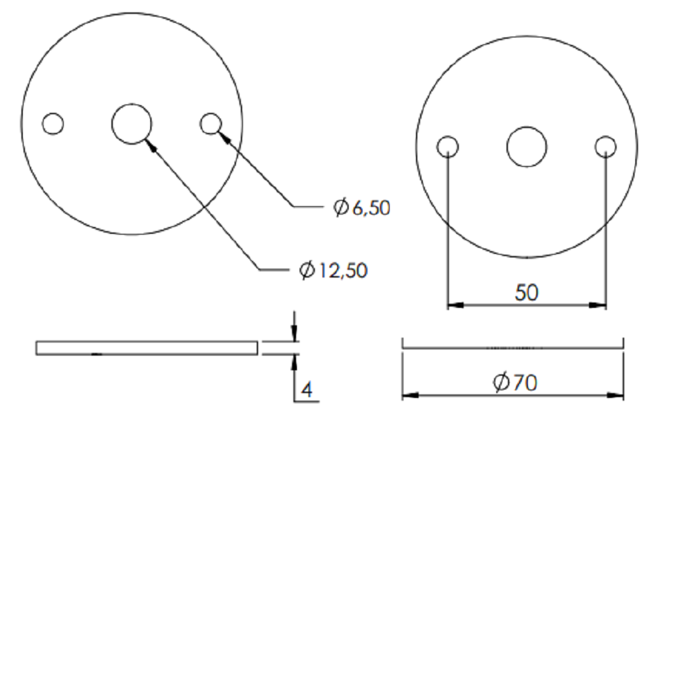 Ronde ø 70mm, Stärke 4mm, mit zwei ø 6,5mm Bohrungen und ø 12,5mm Mittelbohrung, gelasert, Stahl roh
