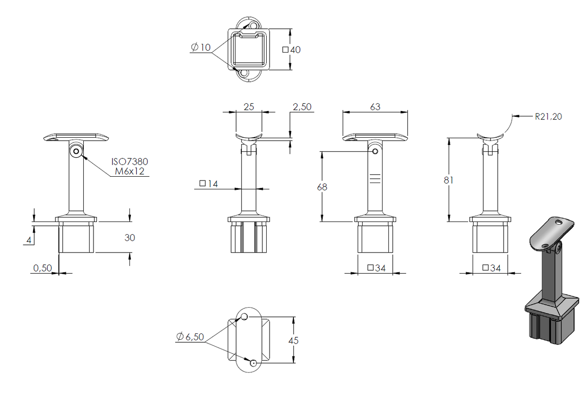 Handlaufstütze mit Gelenk für 40 x 40 x 3,0mm Pfosten, mit Halteplatte für ø 42,4mm Handlauf