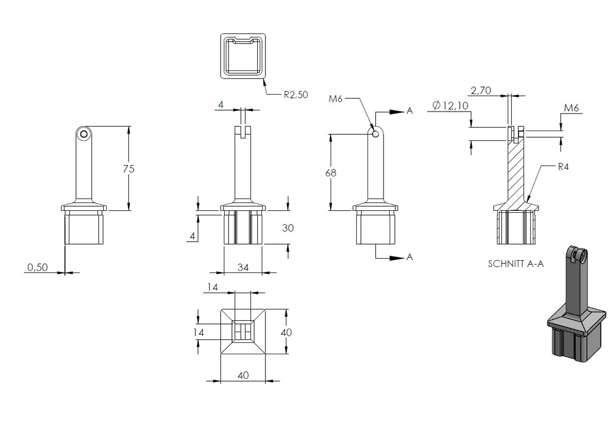 Handlaufstütze mit Gelenk für 40 x 40 x 3,0mm Pfosten, mit Halteplatte für ø 42,4mm Handlauf