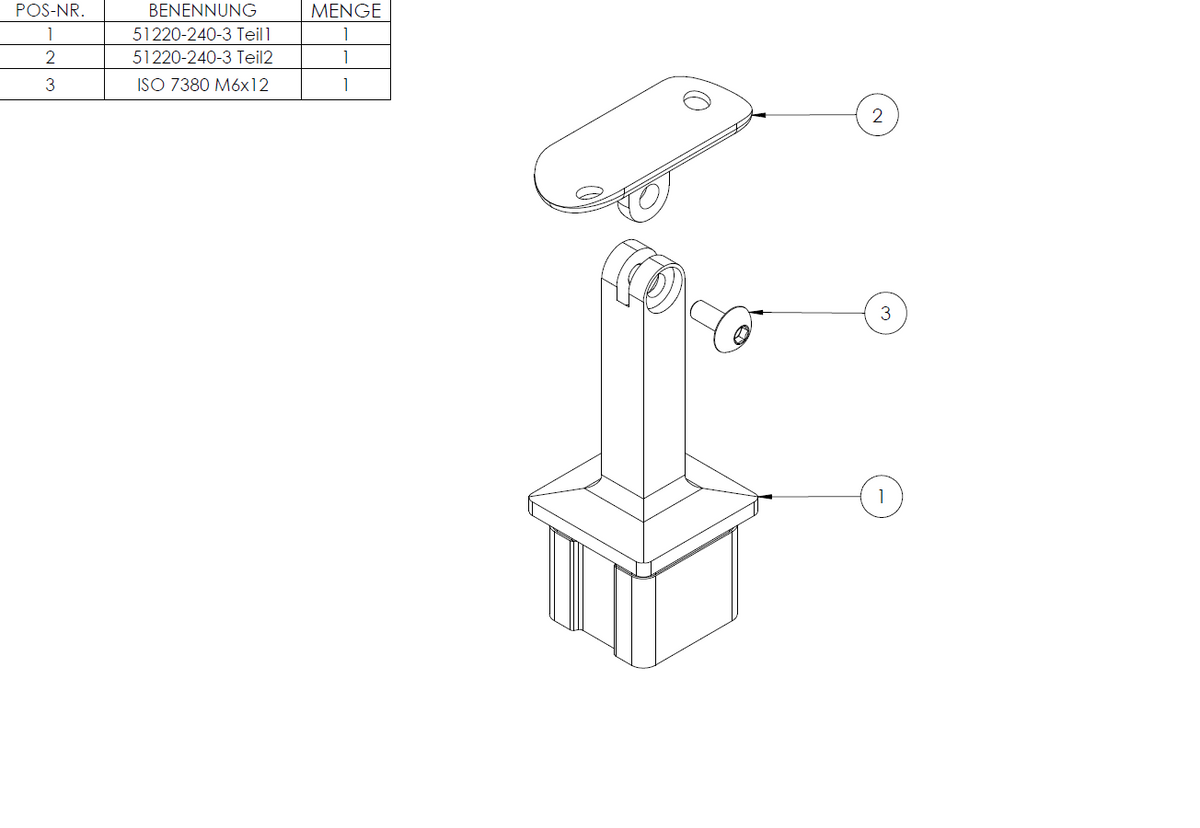 Handlaufstütze mit Gelenk für 40 x 40 x 3,0mm Pfosten, mit Halteplatte für ø 42,4mm Handlauf