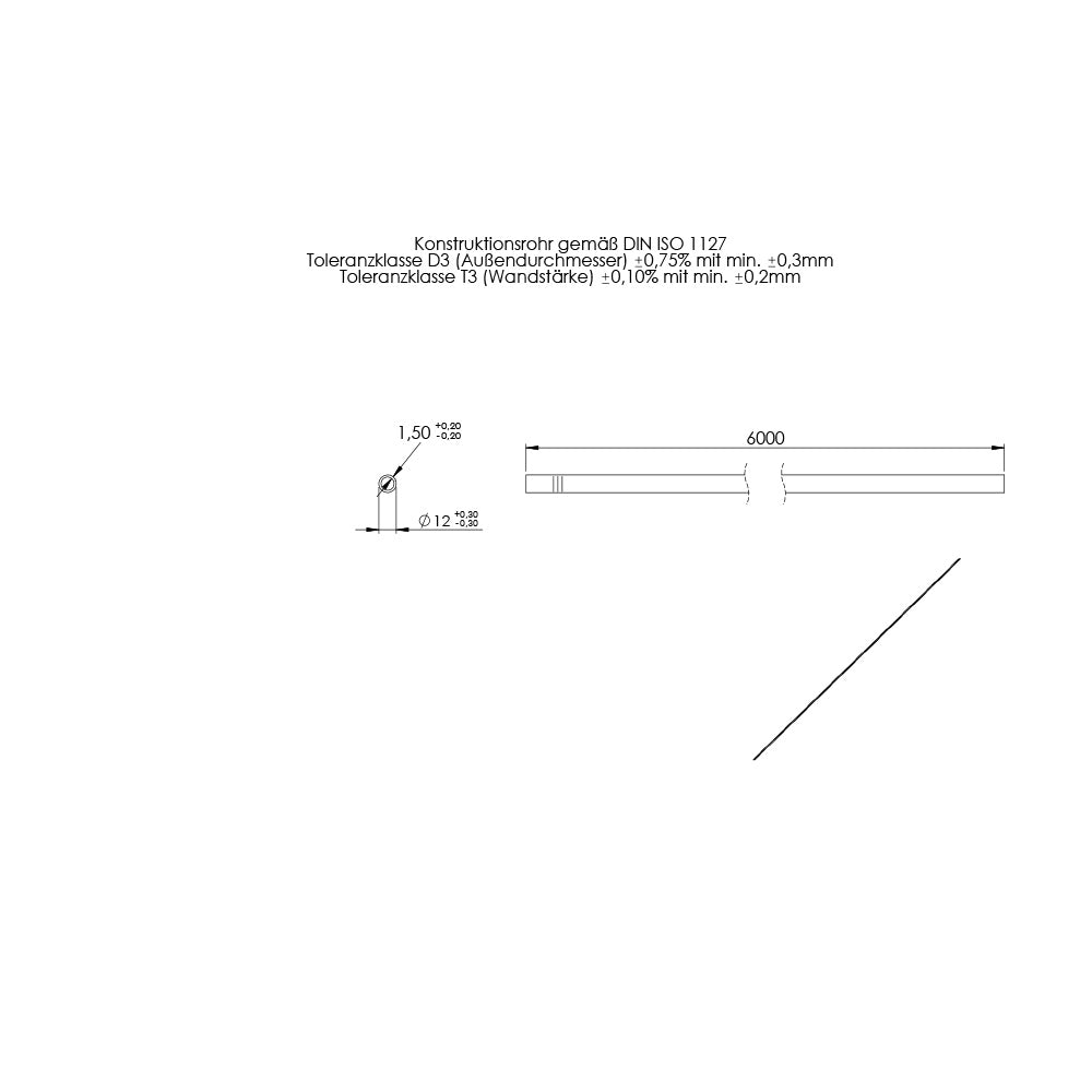Rohr ø 12,0 x 1,5mm, Länge: 6000mm, aus V2A Edelstahl geschliffen